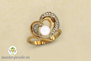 Золотое кольцо в форме сердца с жемчугом и бриллиантами в белом и желтом золоте