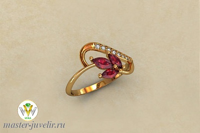 Золотое кольцо с тремя рубинами и бриллиантами