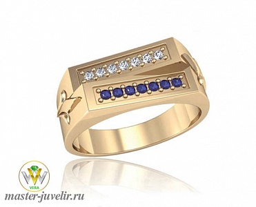Золотое кольцо для мужчины оригинальной формы с драгоценными камнями