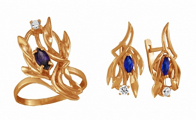 Золотой комплект с цветными полудрагоценными камнями: кольцо и серьги