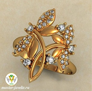 Кольцо женское в форме стрекоз усыпанные фианитами в золоте