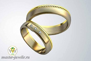 Обручальные кольца двухцветные с косичкой по поверхности и тремя бриллиантами
