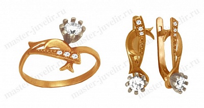 Комплект из комбинированного золота с бриллиантами: кольцо и серьги