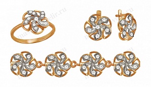 Золотой комплект Цветы: кольцо, серьги, браслет
