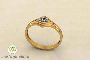 Кольцо женское помолвочное в желтом золоте с бриллиантом в белом кастике