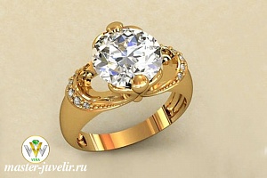 Кольцо из золота с круглым горным хрусталем и бриллиантами