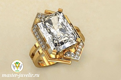 Женское золотое кольцо с большим квадратным горным хрусталем и фианитами