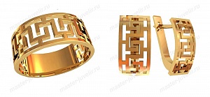Золотой комплект с орнаментом: кольцо и серьги