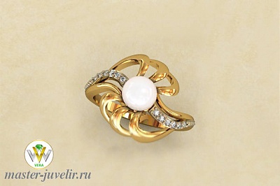 Кольцо золотое с жемчугом в форме цветка с двумя дорожками из цирконов