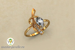 Золотое кольцо с горным хрусталем в виде капли и фианитами