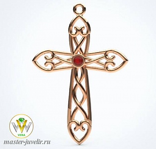 Декоративный крестик с сердцами по краям из розового золота с рубином