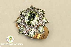 Эксклюзивное женское золотое кольцо с хризолитами и бриллиантами