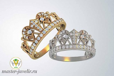 Короны обручальные кольца с фианитами в желтом и белом золоте