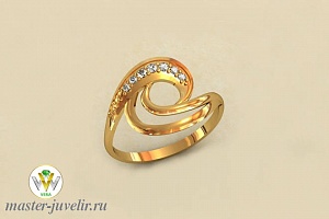 Золотое кольцо Вихрь с цирконами