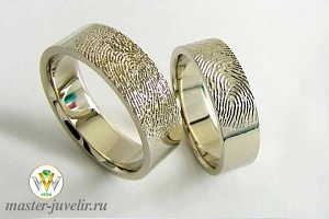 Обручальные кольца из белого золота с отпечатком пальца с прямоугольным сечением 