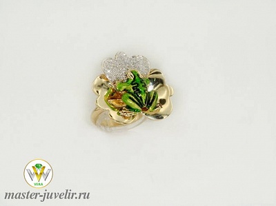 Кольцо Лягушка на лилии золотое с эмалью и бриллиантами