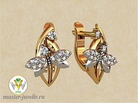 Золотые необычные серьги  в форме бабочки с драгоценными камнями