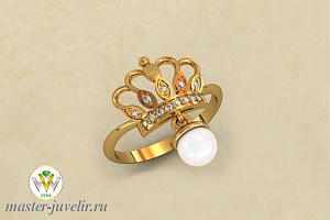 Золотое кольцо Корона с жемчугом и бриллиантами