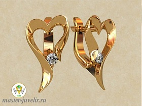 Золотые серьги в виде сердечка с бриллиантом