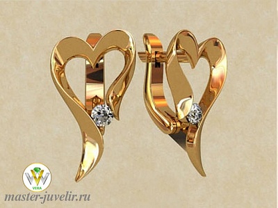 Золотые серьги в виде сердечка с бриллиантом