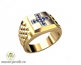 Золотой мужской перстень печатка с крестом из сапфиров