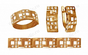 Золотой комплект с бриллиантами: кольцо, серьги, браслет