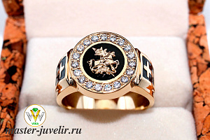 Золотая печатка с гербом Москвы, эмалью и фианитами