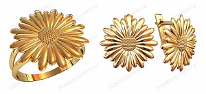 Золотой комплект Ромашки: кольцо и серьги
