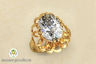 Золотое кольцо объемное с полудрагоценным камнем - горный хрусталь