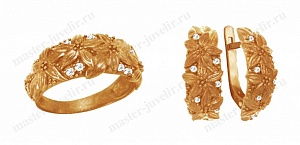 Золотой комплект "Цветы": кольцо, серьги