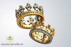 Обручальные кольца Корона в комбинированном золоте с бриллиантами и рубинами