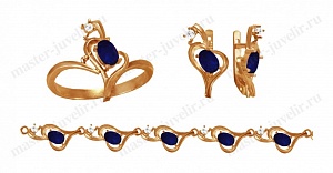 Комплект украшений "Сердечки"с полудрагоценными камнями: кольцо, серьги, браслет
