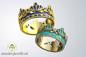 Обручальные кольца Короны с эмалью c бриллиантами и сапфирами