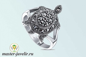 Серебряное кольцо дизайнерское Черепаха с черными бриллиантами