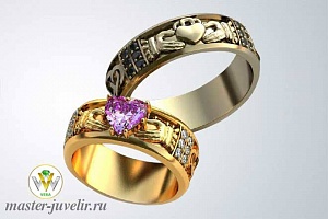 Кладдахское обручальное кольцо с аметистом сердце бриллиантами и сапфирами