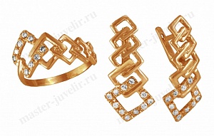 Золотой гарнитур с бриллиантами: кольцо и серьги Кп03 910-915