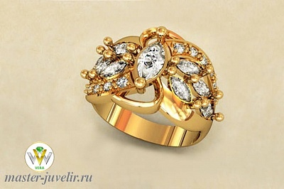 Золотое объемное  кольцо с цирконами