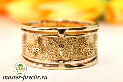 Золотое кольцо широкое с бабочками