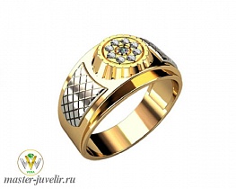 Мужской перстень из двух цветов золота с бриллиантами и изумрудом