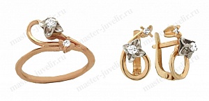 Комплект из комбинированного золота с бриллиантами: кольцо и серьги Кп100 410-415