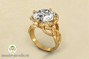 Кольцо золотое с круглым аметистом и дорожками из бриллиантов