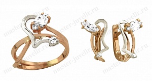 Комплект из комбинированного золота на заказ: кольцо и серьги