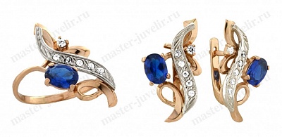 Золотой комплект с белыми и синими синтетическими камнями: кольцо и серьги
