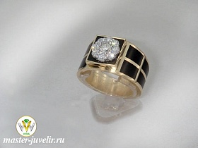Мужское кольцо широкое с бриллиантами и черной эмалью