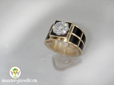Мужское кольцо широкое с бриллиантами и черной эмалью