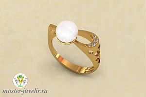 Золотое кольцо с боковым узором с большим жемчугом и бриллиантами