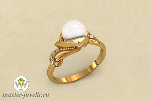 Кольцо золотое женское с жемчугом и полудрагоценными камнями