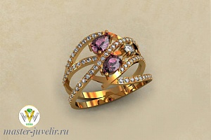 Широкое золотое кольцо с аметистами и бриллиантовыми дорожками
