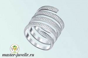 Необычное кольцо из серебра широкое Завиток с камнями