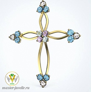 Золотой крестик с топазами белыми, голубыми и розовыми